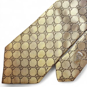 GUCCI Men's Tie GG Brown Gold Very Popular 100% Silk Made in Italy Free Ship - Picture 1 of 10