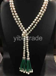 long 8-9mm natural white freshwater pearl green jade long necklace - Picture 1 of 4