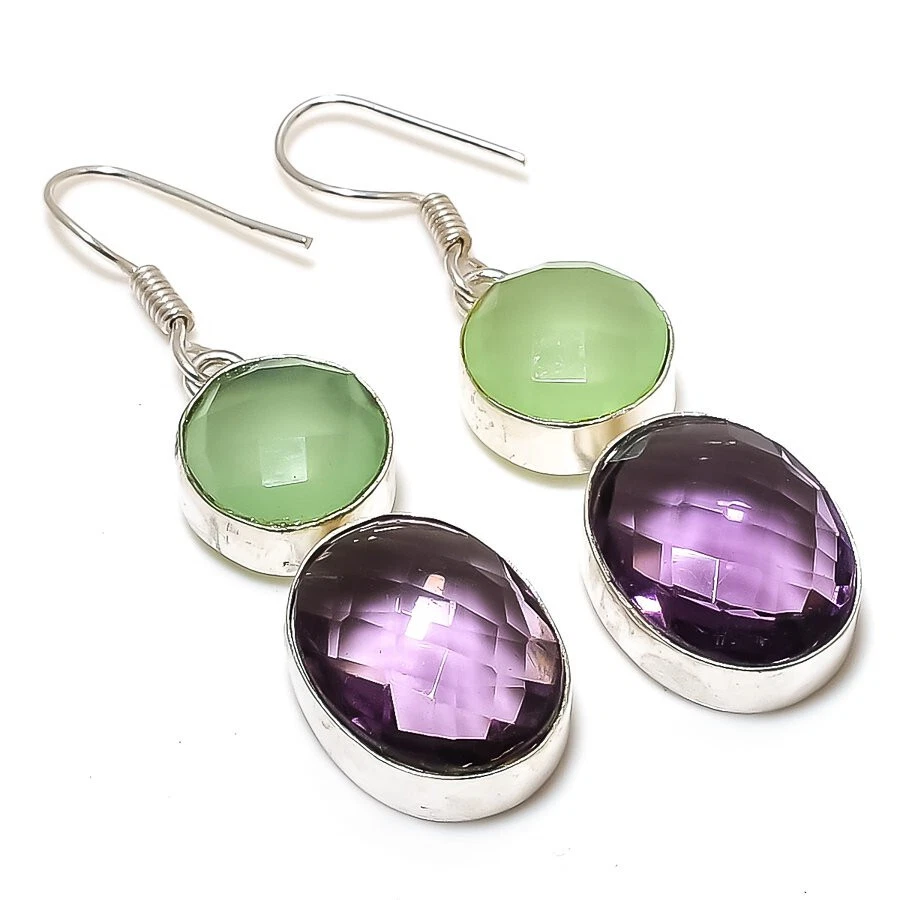 Amethyst Prehnite Gemstone Silver Plated Dangle Earrings Jewelry 1.5" - Image 1 of 1