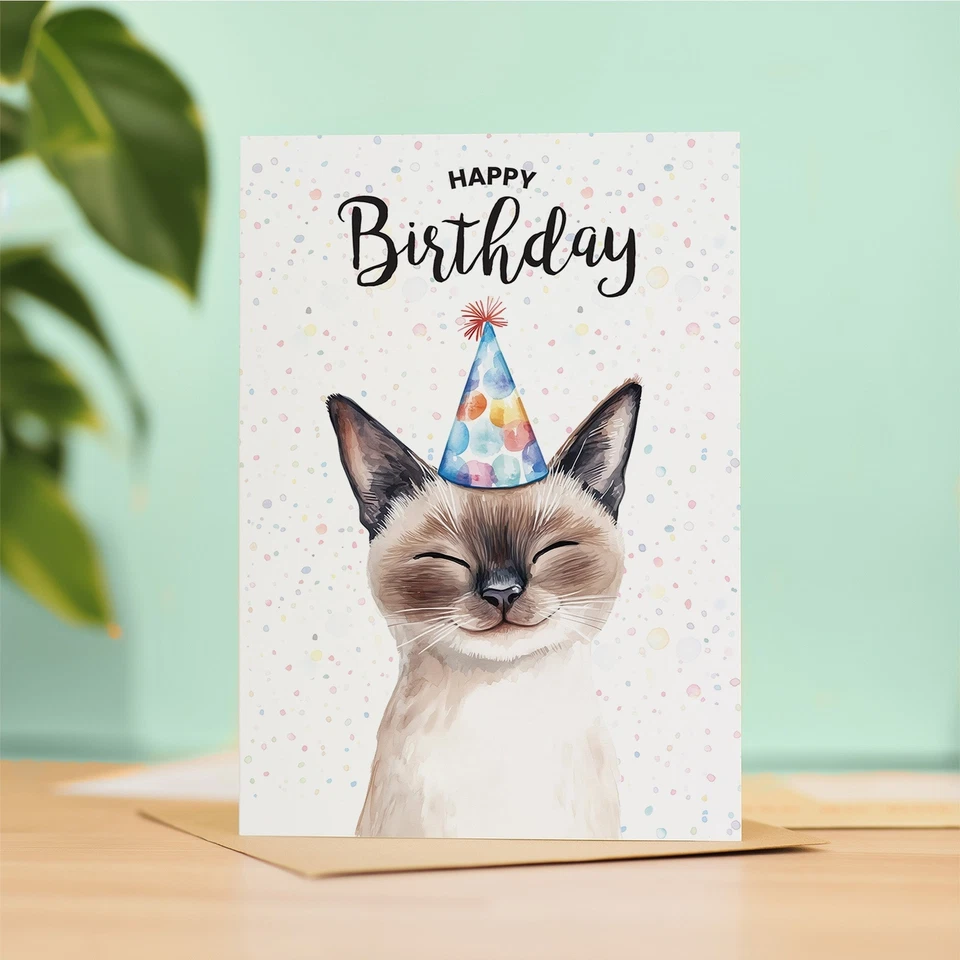 POSTCARD PRINTS Siamese Cat Birthday Card for Him/Her Gift Illustration