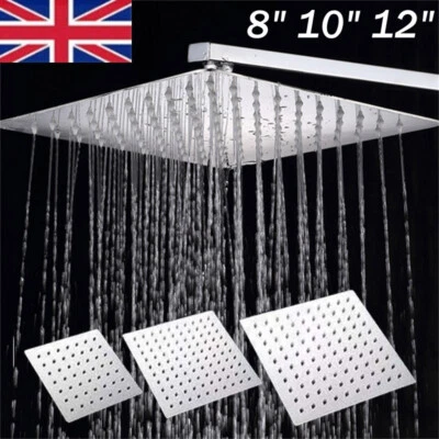 8/10/12 inch Square Shower Head Chrome Stainless Steel Rainfall Overhead UK