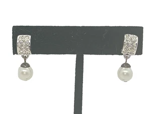 Carolee 14KT Gold Post Silver-tone Pavé Crystals Dangle Faux Pearl Stud Earrings - Picture 1 of 6