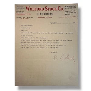 1906 E. L. Paul Manager Wolford Stock Co. Sturgis SD Signed Performance Letter - Picture 1 of 1