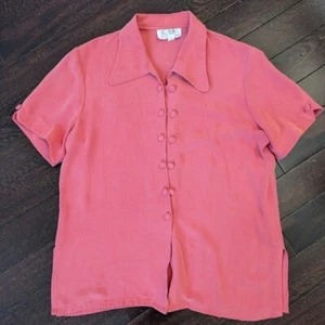 Vintage 70s 100% SILK Short Sleeve Double Button Up Blouse - Coral Pink - Size M - Picture 1 of 10