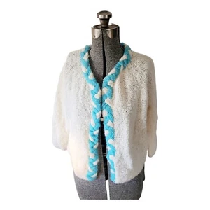 Vintage Cream & Aqua Blue Open Front Mohair Wool Cardigan Sweater M/L Petite - Picture 1 of 7