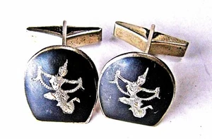 Vintage SIAM Sterling Silver Niello Carved Cufflinks - Picture 1 of 3