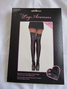 LEG AVENUE BLACK/PINK STAY UP LACE TOP THIGH HIGHS W CORSET LACE SEAM ONE SIZE