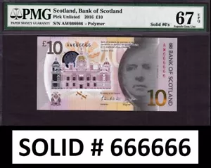 Scotland Polymer 10 Pounds 2016 SOLID Serial 666666 SUPERB GEM UNC PMG 67 EPQ - Picture 1 of 2