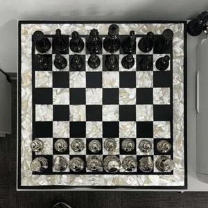 18" Black Marble Luxury MOP Chess Board Top Gift For Chess Players & Home Decor - Picture 1 of 6