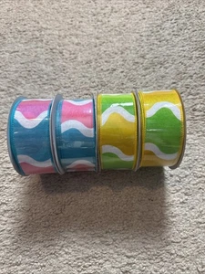 Summer Ribbon Pink, Blue & White. Green, White & Yellow Lot Of 4 1.5“ X 10 Yards - Picture 1 of 4