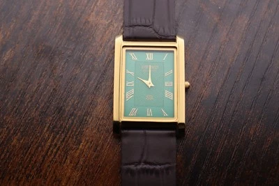 vintage Seiko Quartz Slim Tank Men Green Dial Dark Brown leather Dress Watch - Image 1 of 4