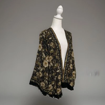 Boho Hippie Fringe Jacket Cropped Black sz M Floral Printed 70s Embroidered NWOT - Image 1 of 4