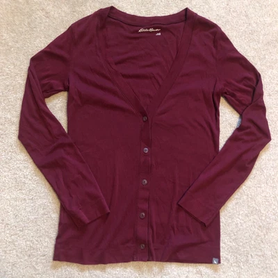 Eddie Bauer Maroon Women's V-neck Button Up Cardigan Size S 100% Cotton Preppy - Image 1 of 4