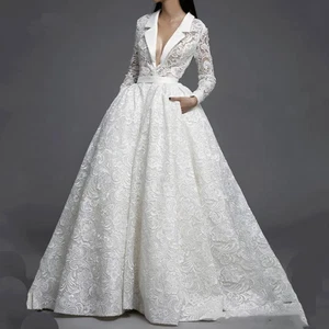Wedding Dresses With Pockets Top Long Sleeves Deep V Neck Formal Bridal Gowns - Picture 1 of 8