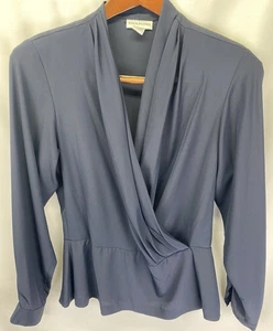 Evan Picone Damen 12 marineblau Faux Wickel Schalkragen drapiert klassische Bluse Vintage - Bild 1 von 7