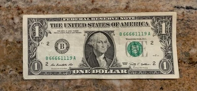 2009 Trinary  $1 Dollar Bill # B 66661119 A Trinary - Image 1 of 2