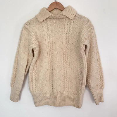 Suéter vintage 100% lã pura colarinho pescador malha manual Irlanda médio - Imagem 1 de 4