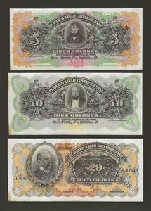 COSTA RICA 5 10 20 Colones 1903-1917 P-S122s S123s S124s Specimen UNC Black Ovpt - Picture 1 of 2