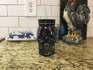 Iridescent Multicolored Skull Sipper Drinking Jar and Screw on Lid with Straw - Picture 1 of 6