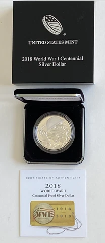 2018 WW I Centennial US Mint Commerative Proof Silver Dollar - Free Shipping Cover