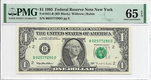 1995 $1 NEW YORK FRN. PMG GEM Uncirculated 65 EPQ Banknote. B/D Block. DC Print - Picture 1 of 2