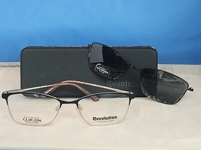 New Women's Revolution Eyeglass Frame w/ Polarized Clip Isabella Black Metal 54 - Image 1 of 4