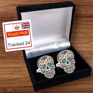 Skull Cufflinks GIFT SUIT WEDDING Skeleton PUNK IN A CUFFLINK BOX UK HALLOWEEN - Picture 1 of 5