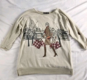 Love + Lace Sweater M Women Beige Graphic Print Long Sleeve Crew Neck Casual  - Picture 1 of 12