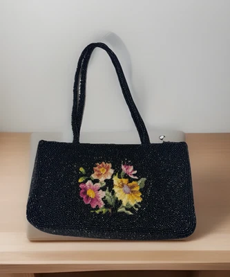 Bolso de mano vintage SWEE LO New York negro con cuentas floral cartera de noche de mediados de siglo Foto 1 de 4