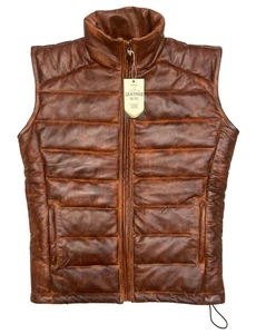 Men’s Genuine Lambskin Leather Puffer Vest Stylish Sleeveless Down Jacket - Picture 1 of 9