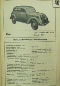 * Opel Kadett 11234 1937 Datenblatt Typenblatt + Wartung original * - Picture 1 of 1