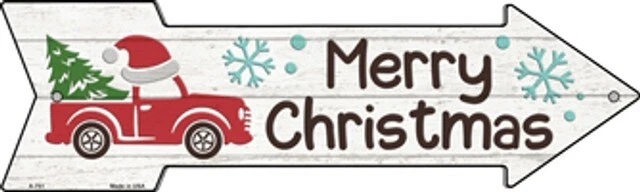 Merry Christmas Red Truck Santa Hat Metal Arrow Sign 17" x 5" - Image 1 of 1