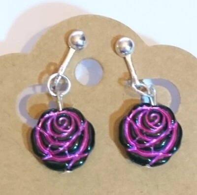 Schwarz pink Rosen Ohrclips Clips Clip-on silberf 3 cm lang Anklipsen NEU - Bild 1 von 4