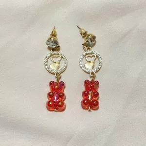 Gummy Bear Gold Red Rhinestone Earrings - Picture 1 of 4