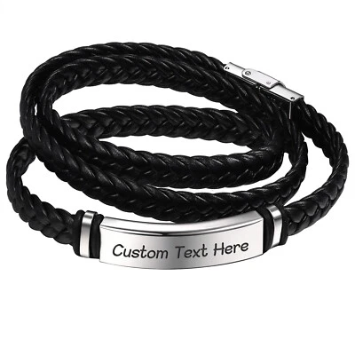 Personalized Mens Multi-layer Leather Bracelet Stainless Steel Clasp Bangle Cuff - Image 1 of 4