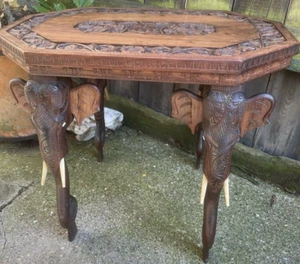 Vintage Anglo Indian table side tea carved wood elephant head legs occasional - Picture 1 of 13