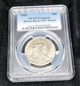 1942 WALKING LIBERTY SILVER HALF DOLLAR UNC DETAIL, WHEEL MARK  - Picture 1 of 7