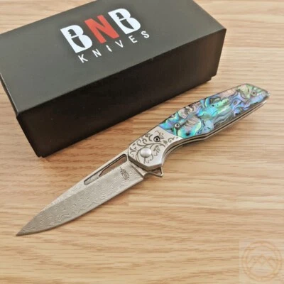 BucknBear Linerlock Folding Knife 3" Damascus Steel Blade Abalone Handle 1991A Foto 1 de 4