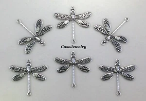#2001 SM ANTIQUED STERLING SILVER PLATED 2 RING DRAGONFLY CONNECTOR - 6 Pcs - Picture 1 of 2