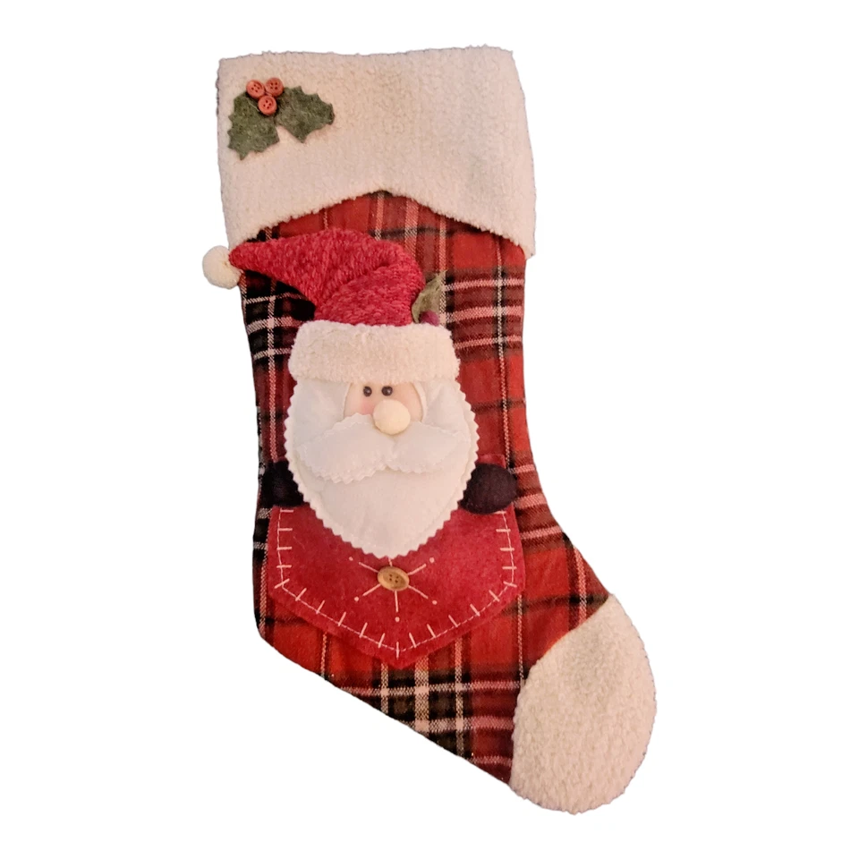 Santa Red & Black Plaid Christmas Stocking 18" Holly Button Homespun Fleece - Image 1 of 4