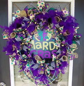 Deluxe Mardi Gras Fat Tuesday Deco Mesh Front Door Wreath, Party Decor Decoation - Picture 1 of 7