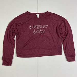 Forever 21 Sweatshirt Large Maroon Red Round Neck Jumper Cropped Bonjour Baby - Picture 1 of 11