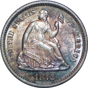 1872 S Seated Liberty Half Dime MM above wreath. Nice toning, choice coin! - Picture 1 of 2