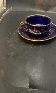 Cobalt Blue Glass cup and saucer set with gold tone flowers mint condition - Picture 1 of 7