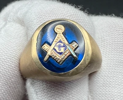 复古 10k 黄金蓝色共济会印章戒指 尺寸 8,8.4 克 — 第 1/4 张图片