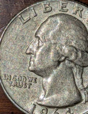 1964-D 25c Silver Quarter Super Extra Fine Shiny Struck Through Grease Error - Image 1 of 4