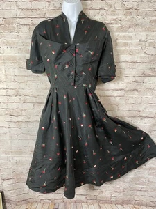 Vintage 40's Mod Black Silk Novelty Cocktail Olive MCM Print Dress Pinup S/M - Picture 1 of 13