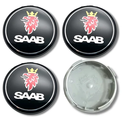 Alloy Wheel Centre Cap Hub x4 SAAB 63mm Black Plain Front 9-3 9-5 Silver Back - Image 1 of 4