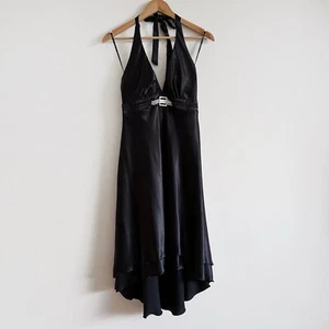 Vintage 90s y2k Black Satin Halter Dress Diamanté Belt Miss Me Slip - Picture 1 of 14