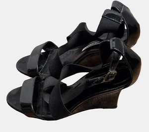 Manolo Blahnik Patent Leather Crisscross Strappy Wedge Sandals US7 37.5 Designer - Picture 1 of 8